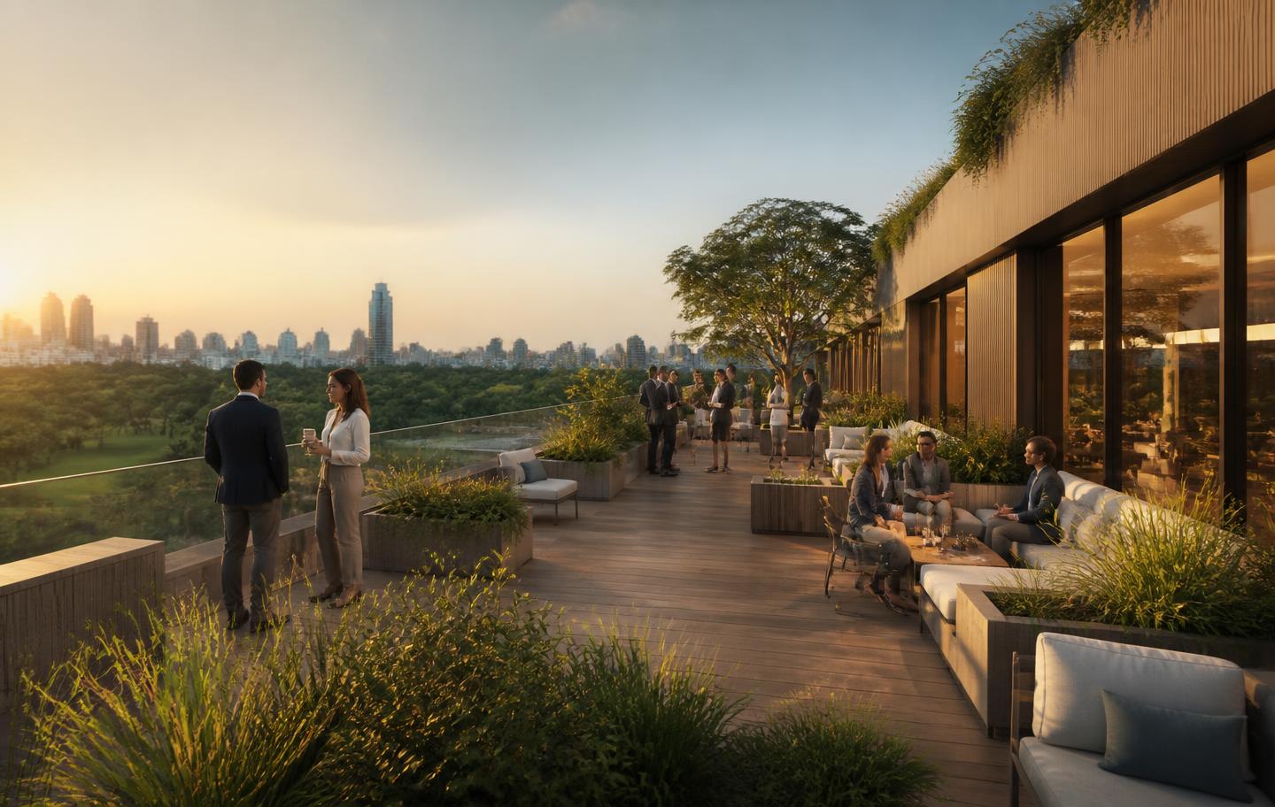 Rooftop de convivência e networking com vista para o parque